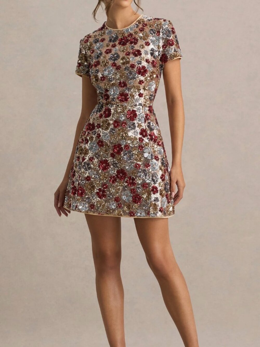 Club L London EIRA Red Floral Sequin Round Neck Short Sleeve A-Line Mini Dress